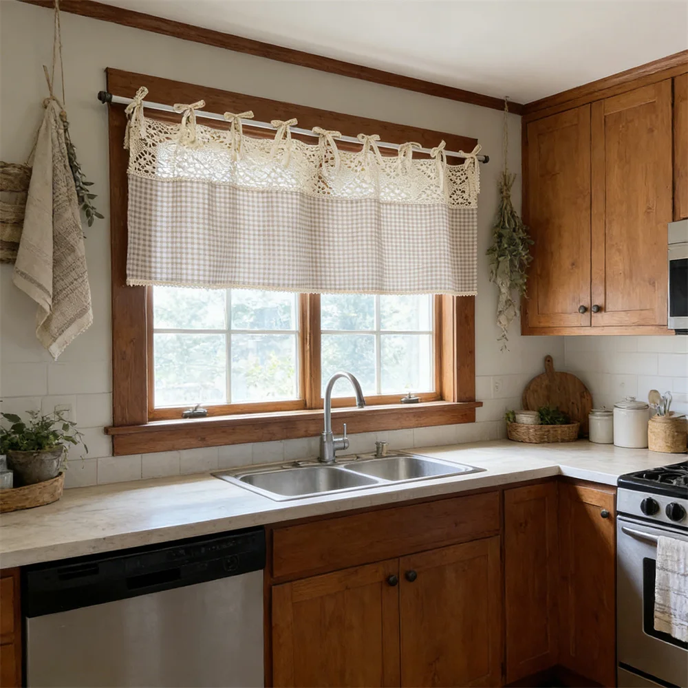 Vintage Beige Gingham Kitchen Curtain, Handmade Crochet Lace Trim Tie-Up Valance for Window Cabinet Farmhouse Home Decor