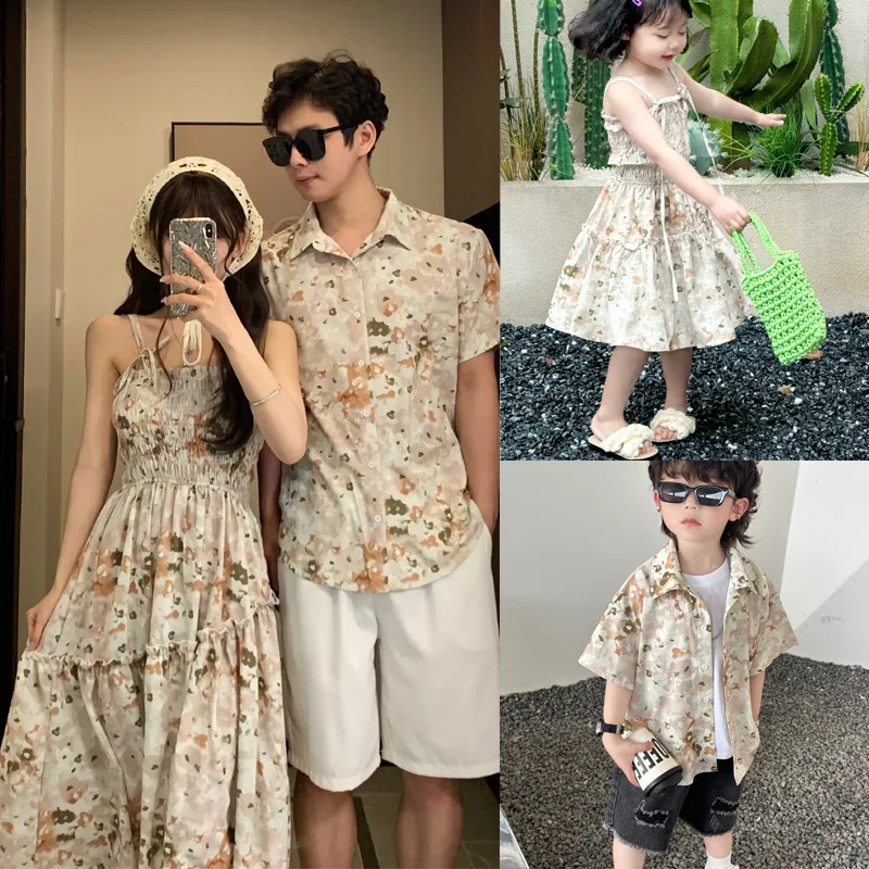 Boho Family Matching & Couple Outfits Earthy Floral Print Dress & Aloha Shirt Set for Mom Dad Kids Beach Vacation Photoshoot