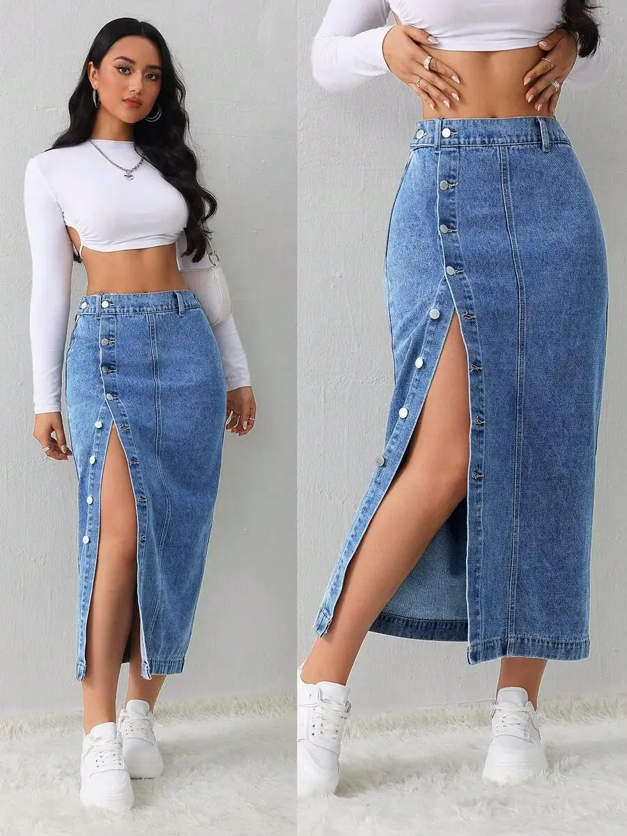 

Women's Denim Midi Skirt with Side Slit and Button Detail