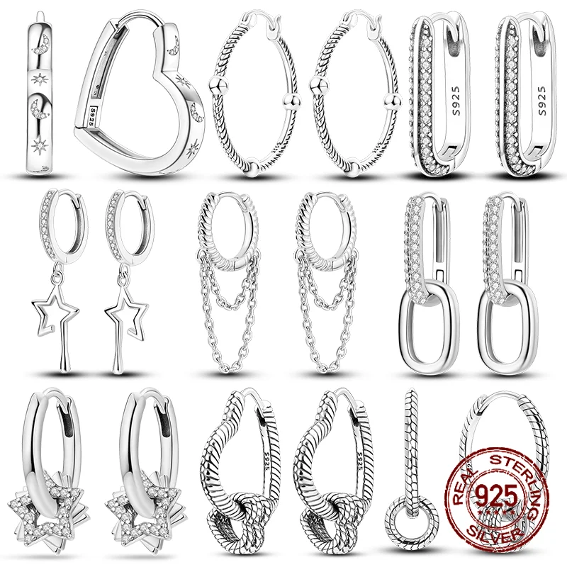 

925 Sterling Silver Hoop Earrings for Woman Pendientes Zircon Heart Shape Star Eardrop Original Earring Fashion Jewelry