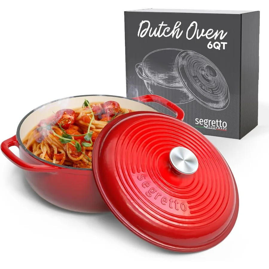 Enameled Cast Iron Dutch Oven with Handle, 6 Quarts, Rosso (Gradient Red) Cast Iron Dutch Oven with Lid | Enameled Crock Pot Dut