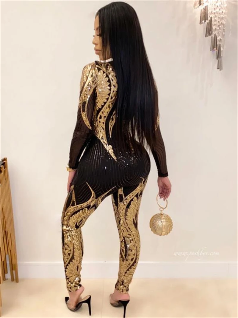 Sexy See Through Sequin Jumpsuit Fall Clothes 2024 Women Long Sleeve Bodysuit Party Nightclub Catsuit One Pieces Overalls Outfit