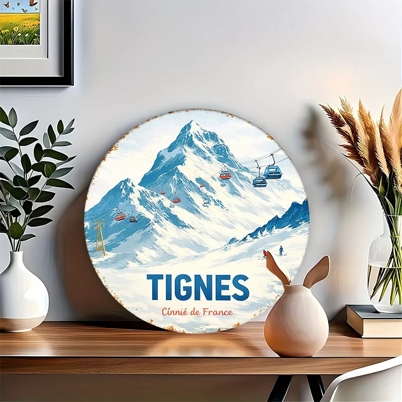 Tignes Ski Lift Metal Sign, Round Tin Plaque, Waterproof Rustproof Vintage Wall Decor for Bar Garage Cafe Ski Chalet, Gift