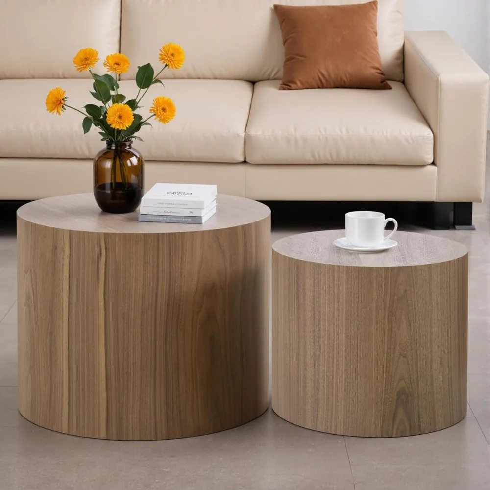 Nesting Coffee Table Set of 2, Modern Round Coffee Table with Non-Slip Feet, Wooden Circle Side Table and Accent Furniture