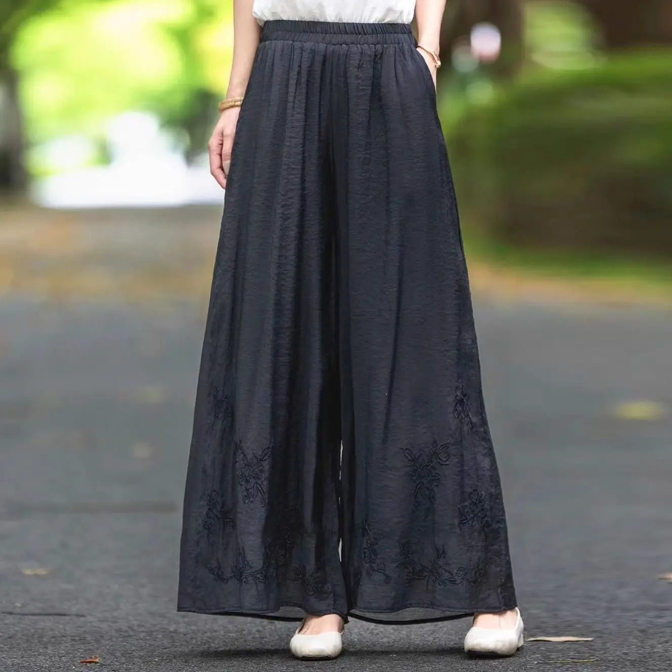Chinese Style Retro Embroidered Wide Leg Pants for Women with Elastic Waist Loose Double Layered Thin Design Casual Baggy Pants