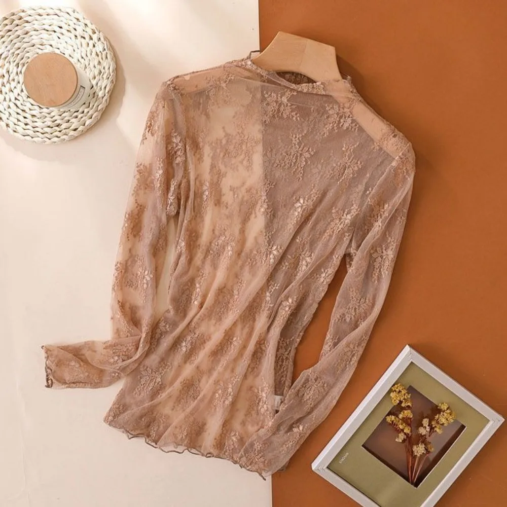 Elegant Mesh Transparent T-shirt Hollow Undershirt Lace Floral Shirts Long Sleeve Thin Lace Bottomed Blouse Women