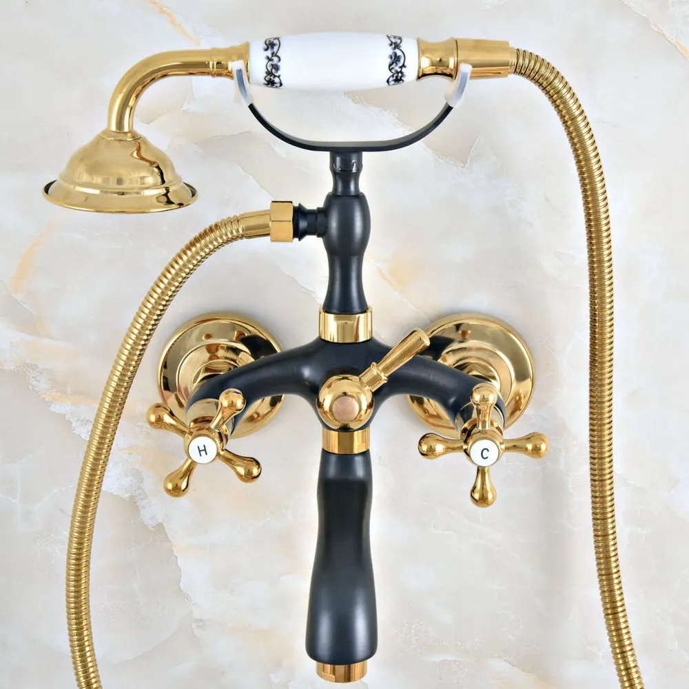 Black Oil Rubbed & Gold Brass Wall Mounted Bathroom Bath Tub Faucet Set WITH/ 150CM Handheld Shower Spray Head Mixer Tap Dna403