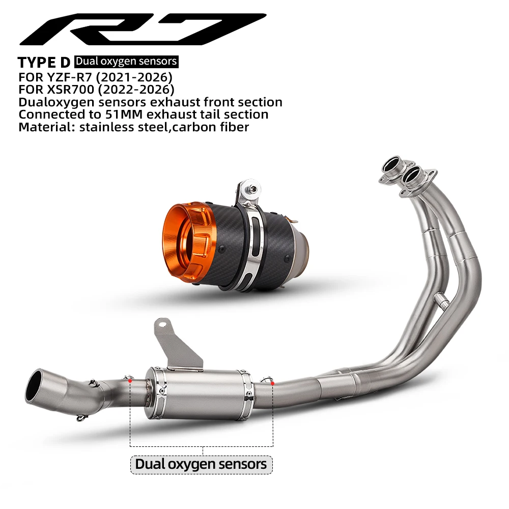 For R7 FZ07 XSR7 2021-2026 Motorcycle Stainless Steel High Performance Complete Exhaust System Kit With 2 oxygen sensors