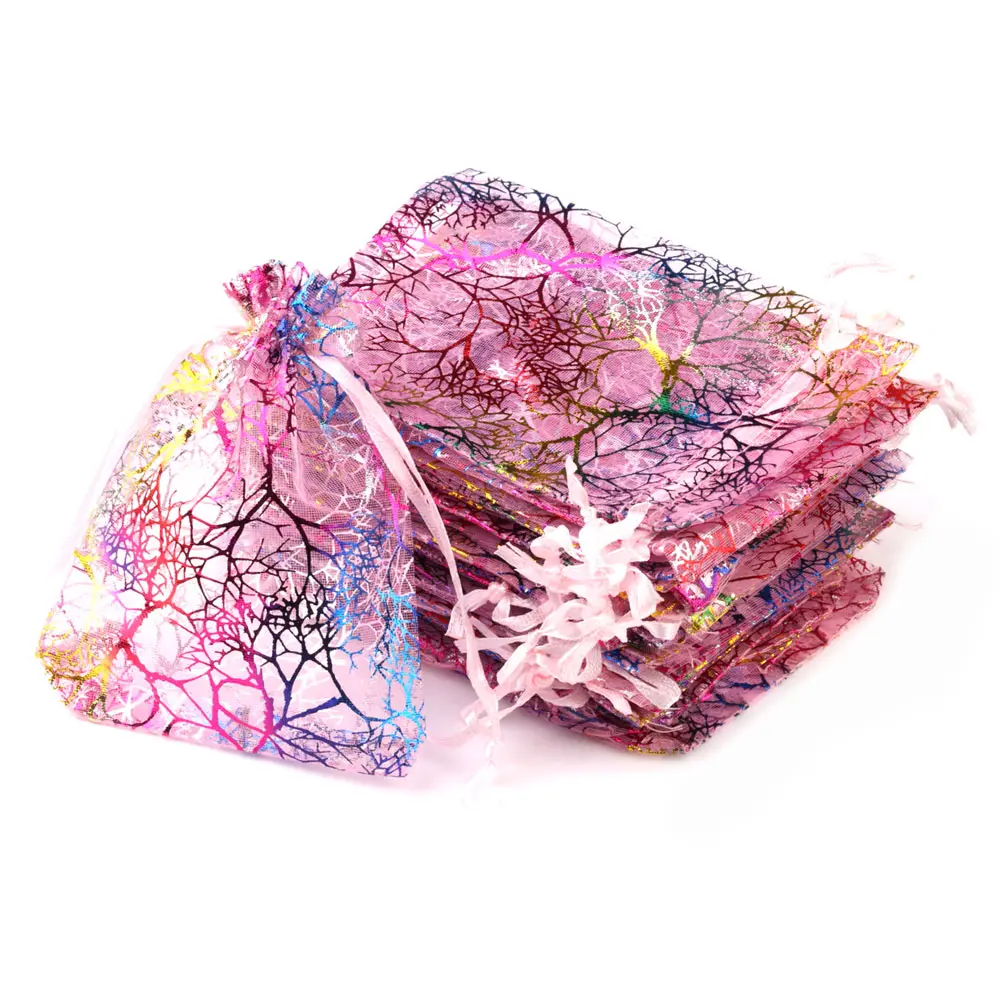 50 unids/lote 7x9cm 9x12cm 10x15cm 13x18cm bolsas de Organza coloridas bolsas de regalo de recuerdo bolsas de embalaje de joyería bolsas con cordón