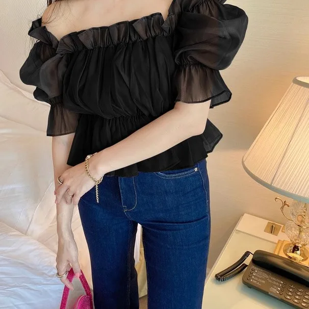 

Элегантная женская блузка с одним открытым плечом, приталенная, из тонкого полиэстера, с цветочным узором, весна-лето