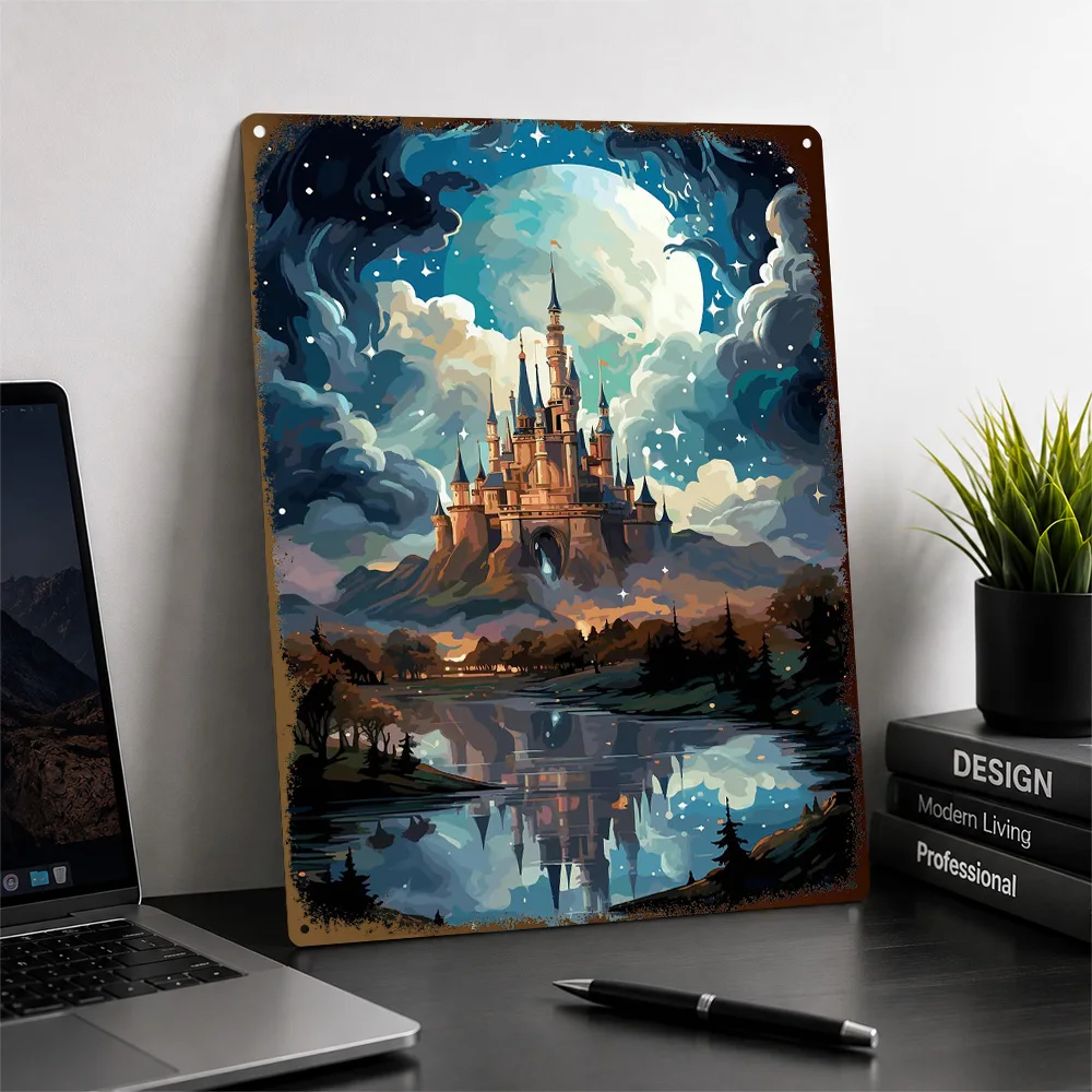 Fantasy River Cloud Castle Aluminum Poster Customized Metal Tin Sign Atmospheric Character Style Wall Art Enhances Home Office