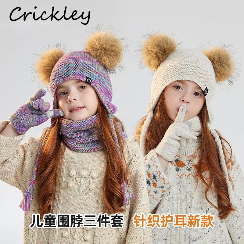 الشتاء بوم بوم الأطفال القبعات مجموعة محبوك يندبروف الفتيات الفتيان قبعات قفازات وشاح الصوف الدافئة في الهواء الطلق قبعات للأطفال القفازات