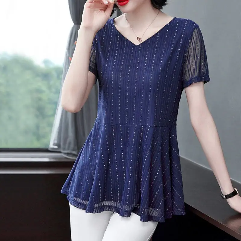 Women\'s Clothing Commute Solid Color Shirt Summer Short Sleeve Elegant V-Neck Spliced Casual Stylish Bright Silk Gauze Blouse