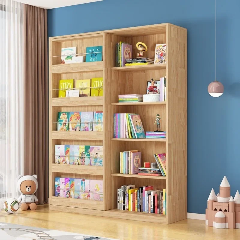 HPure solid wood children's bookshelf picture book shelf floor-to-ceiling bookcase sliding door shelf baby toy storage cabinet