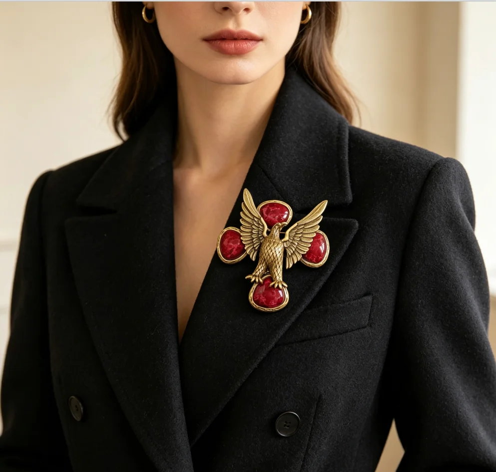 Vintage Antique Eagle Relief Brooch Gold Tone Red Swirl Jelly Stone Bird Wing Women Statement Dress Pin