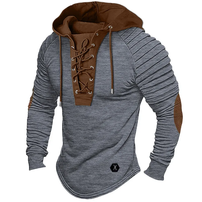 Men's Lace‑Up Contrast Hoodie, Ruched Long Sleeve T-shirt With Elbow Patch, Casual Curved Hem Pullover Hooded Top For Autumn