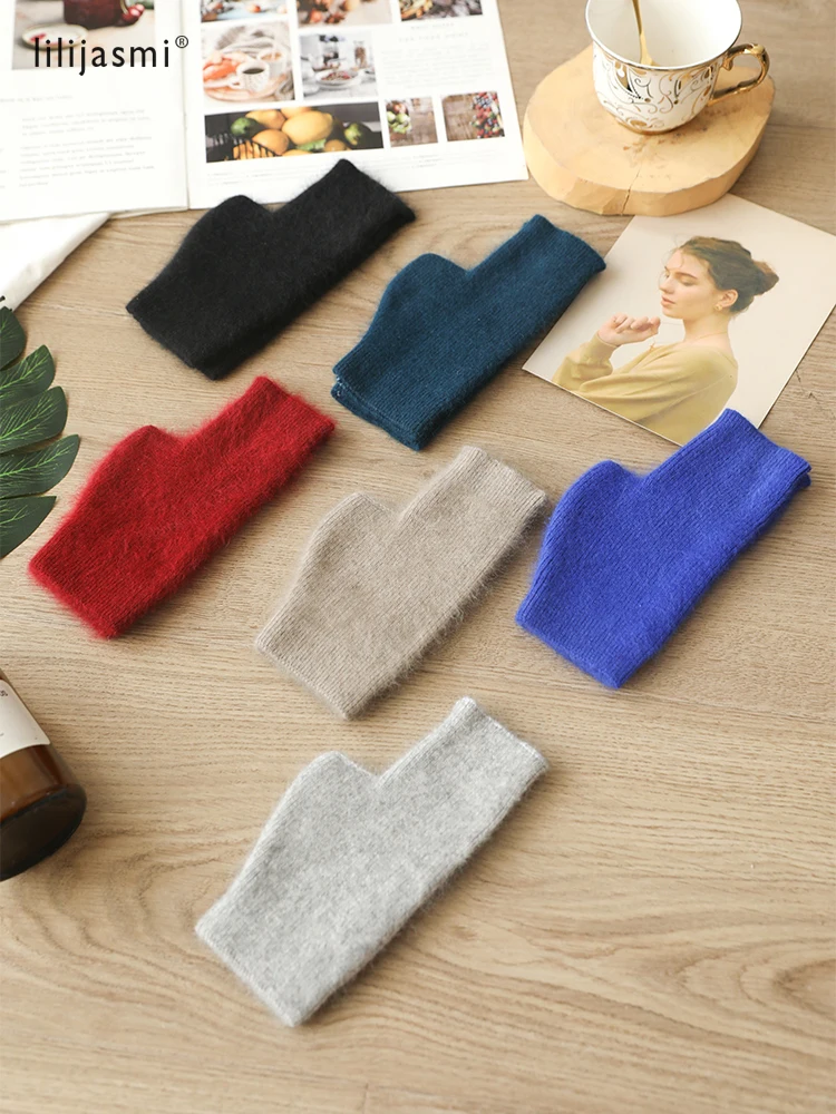 Guantes de lana de mapache sin dedos para mujer, manoplas cálidas de Cachemira de visón, longitud de la muñeca, orificio para el pulgar, coreano,