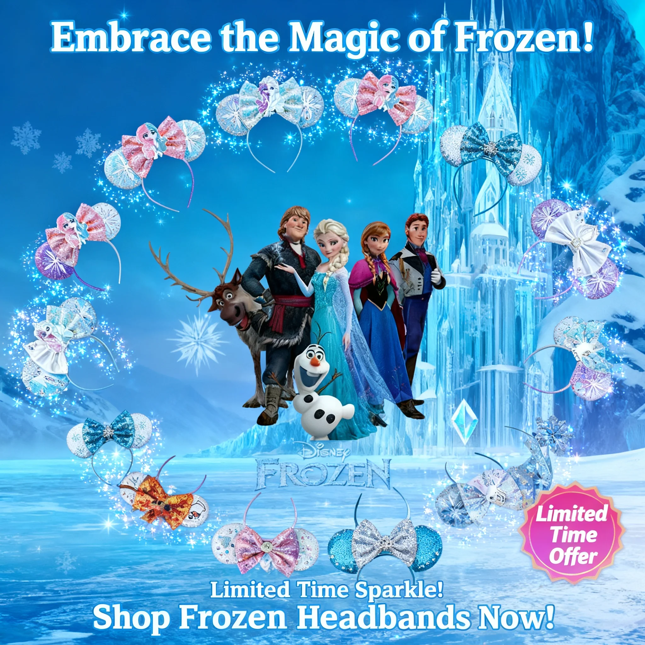 

Frozen Elsa Princess Anna Snowflake Crown Headband Hair Accessories Women Girls Olaf Bow Sequins Disney Kids Gift
