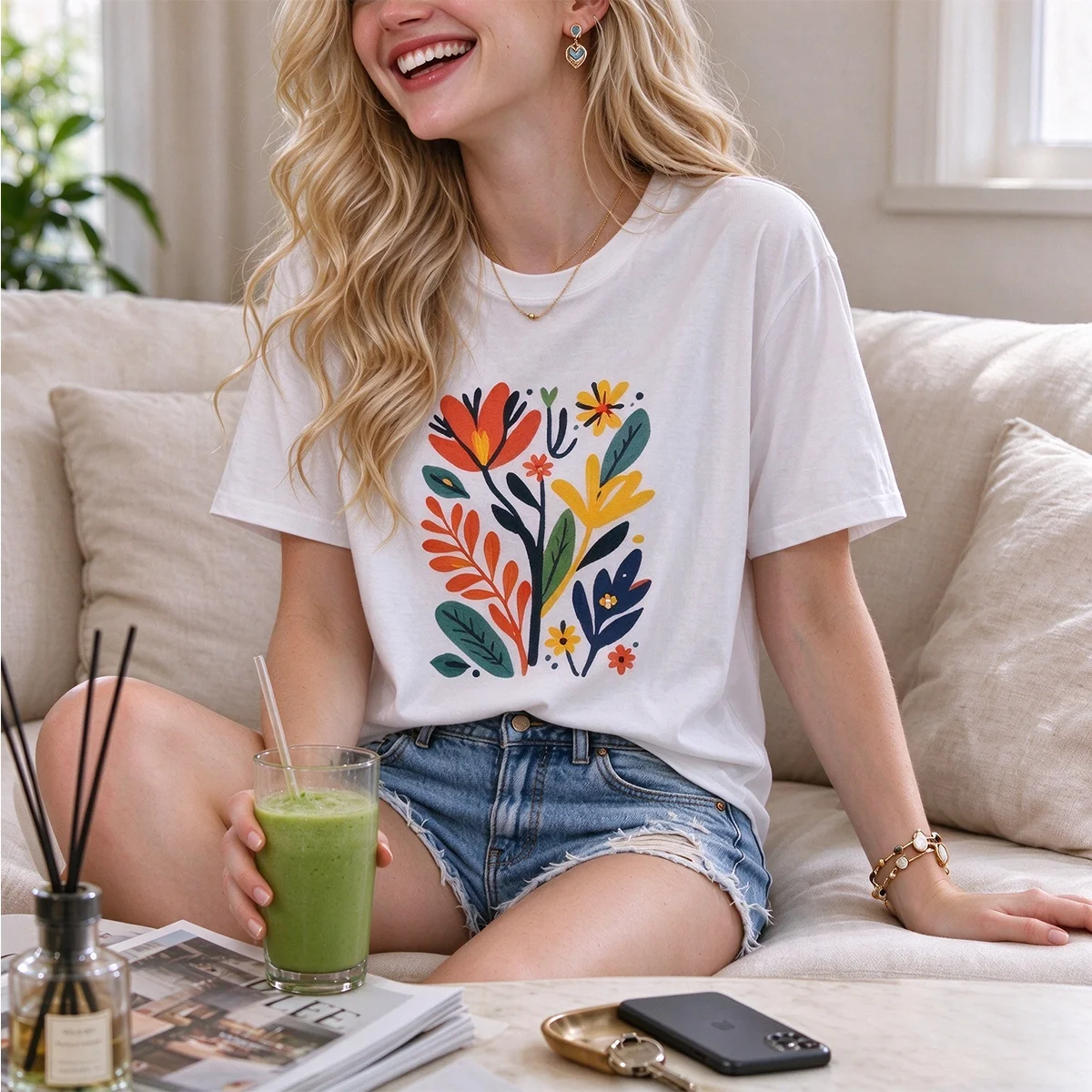 Women Floral Bouquet Graphic Tee Round Neck Short Sleeve Tops Botanical Art Theme Casual Soft Loose Summer Daily Wear T Shirts
