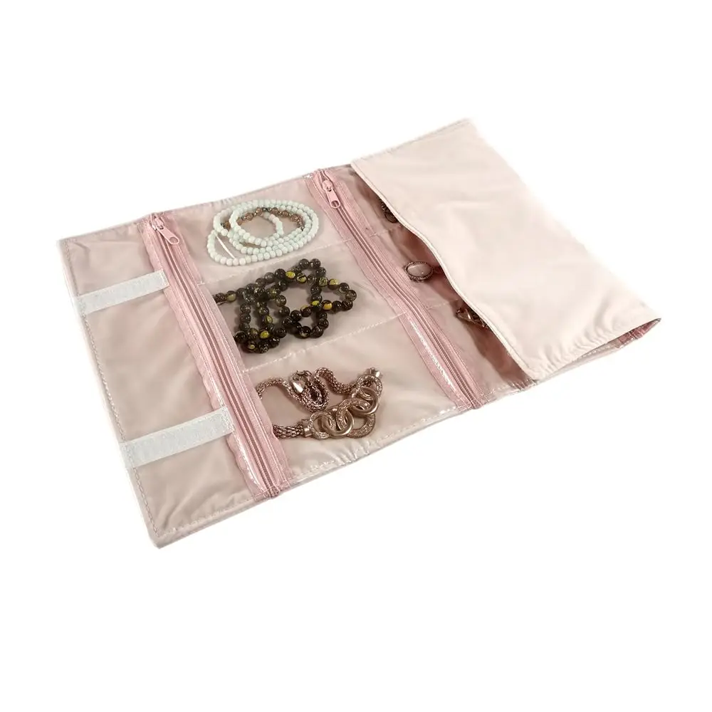

Velvet Travel Jewelry Case Roll Bag Organizer for Necklace, 9 Zipped Grids, Light Pink