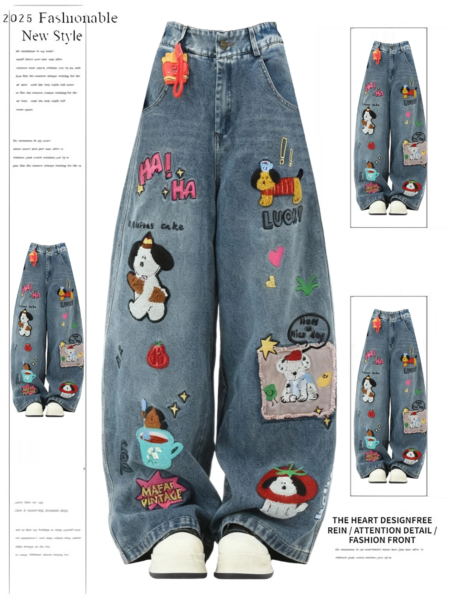 

Retro American Dog Towel Embroidery Women's Loose Wide Leg Jeans Knife Autumn Winter New Design High Waist Denim Pants
