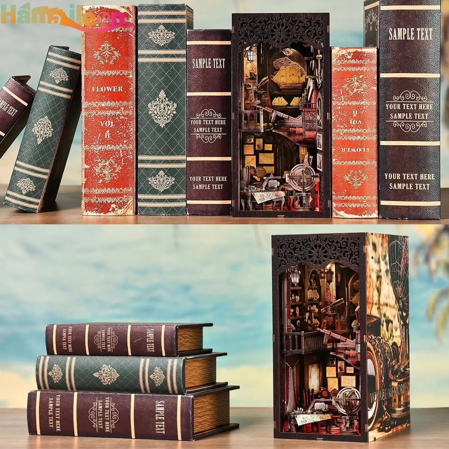 Hamaileon Book Nook Kit, for Adults and Teenagers, DIY Miniature Dollhouse Kit 3D Wooden Puzzle Booknook Bookend with LED Light