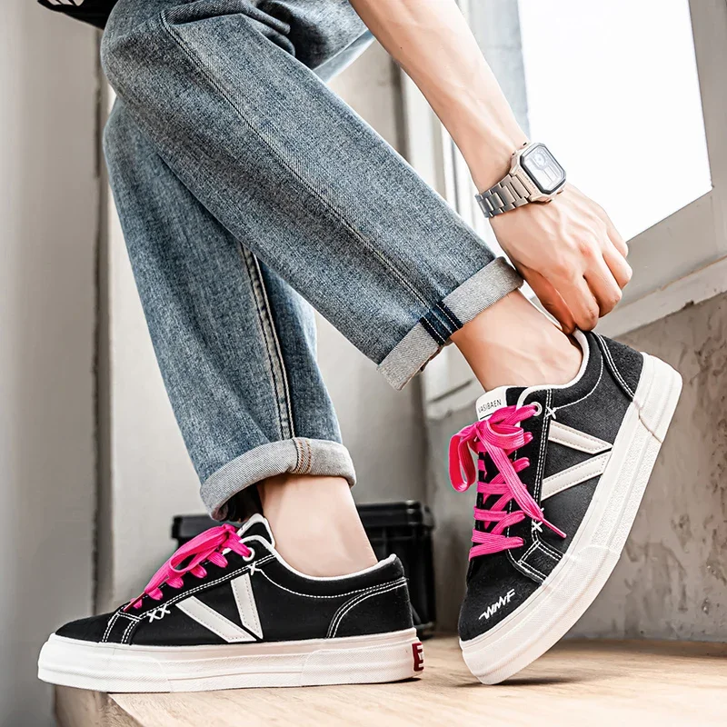 

Black Low Cut Men's Canvas Shoes Personality Double Shoelace Vulcanize Shoes For Man Summer Flat Skateboard Shoes Man Sneakers