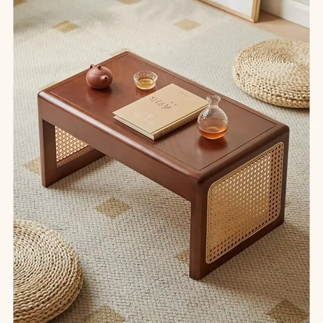 Mid-retro Japanese Style Solid Wood Rattan Tea Drinking Small Low Table Side Table Living Room Bedroom Bay Window Leisure