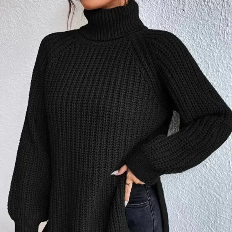 Women Winter Turtleneck Loose Sweater Elegant Drop Sleeve Side Split Pullover Vintage Harajuku Chic Jumpers Oversized knit Tops