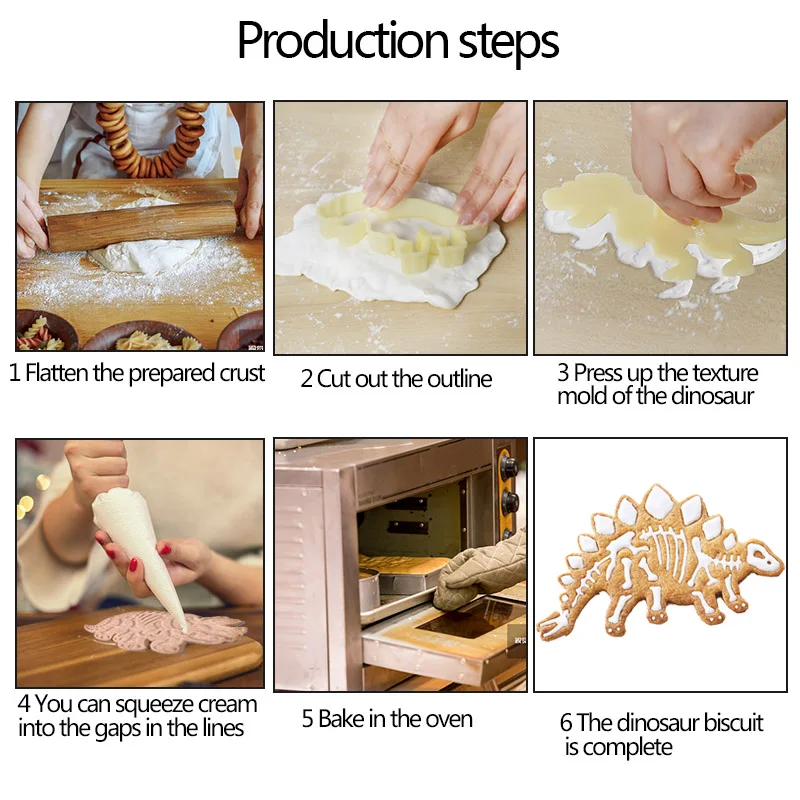 3pcs/set Dinosaur Cookie Cutter 3D Dessert Fondant Cake Embossing Mould Dessert Baking Plastic DIY Birthday Cake Accessories
