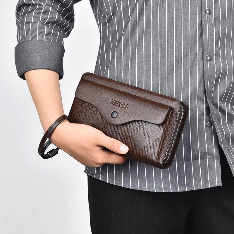 Men\'S Clutch Bag PU Leather Pouch Zipper Long Wallet Passcard Square Holder Phone Pouch Hand Porter Necessaire Bag Male Designer