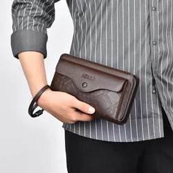 Saco de embreagem de couro PU com zíper para homens, carteira longa, suporte quadrado, bolsa de telefone, bolsa masculina