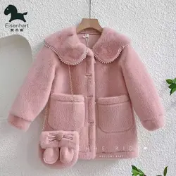 Girls Jacket Autumn Winter Warm Faux Fur Coat for Girls Christmas Princess Outwear Cute Plush Children Clothing Coat+bag 2pc Set