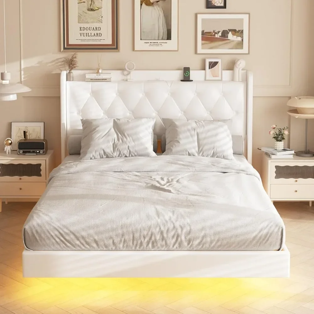 

For Size Bed Frame with LED Light, Charging Station, Button Tufted Headboard Storage, Upholstered PU Leather Floating Bed Frame