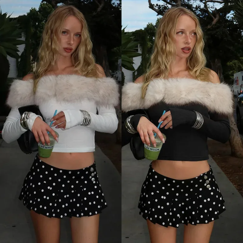 

Women's Long Sleeve Off Shoulder Plush Edge Crop Top Slim Fitted Tee Y2k Street Fashion Casual Soft Solid Design For Daily Wear