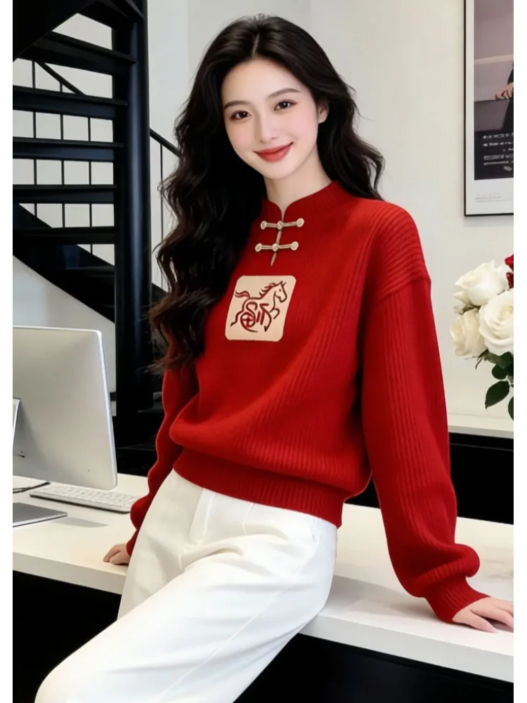 

Новый китайский вязаный свитер для женщин, длинный, красный, с принтом, повседневный, свободного кроя, утепленный, для ношения под одеждой зимой