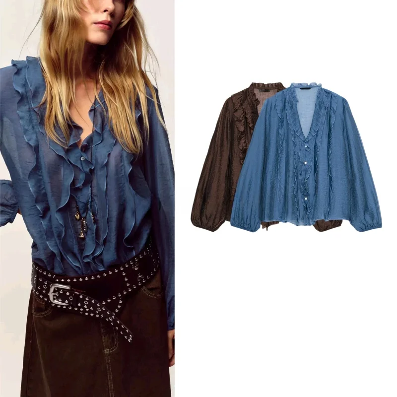 

Autumn New Sle Women's Loose Long Sve V-Ne Court irt Layered Decoration Cotton Polyester Blend Comfortable Breathable