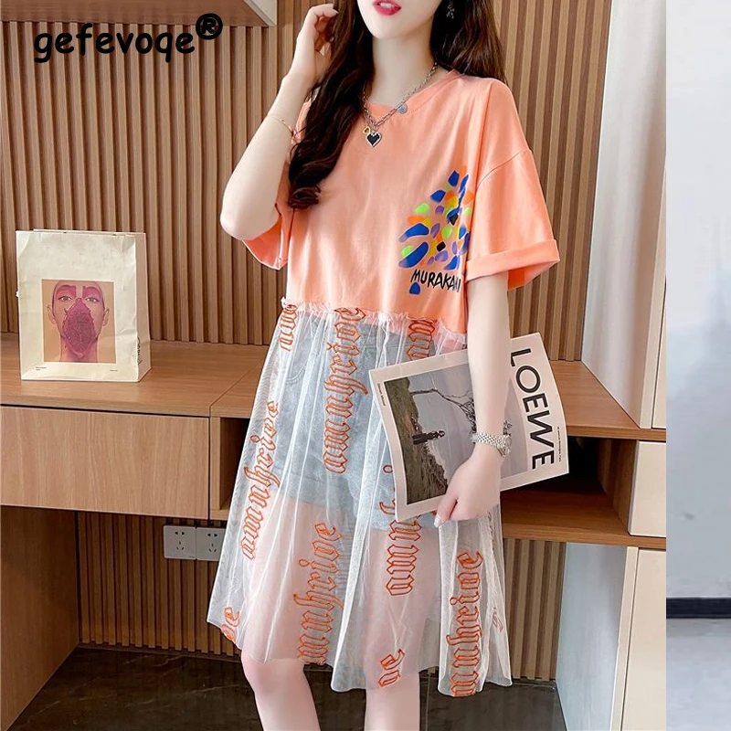 Vrouwen Kleding 2023 Zomer Brief Print Mesh Patchwork Korte Mouw T-Shirt Jurken Casual Streetwear Losse Y 2K Fairy Midi Jurk