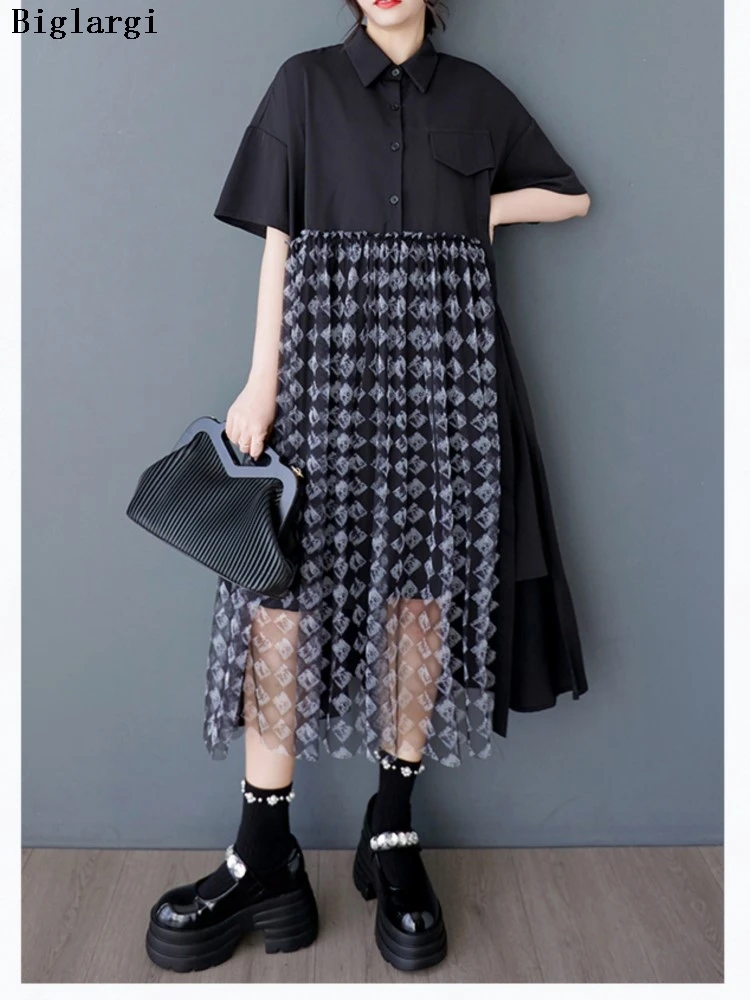 

Oversized Summer Dress Women Print Mesh Patchwork Fashion Irregular Ladies Dresses Casual Loose Ruffle Pleated Woman Midi Dress