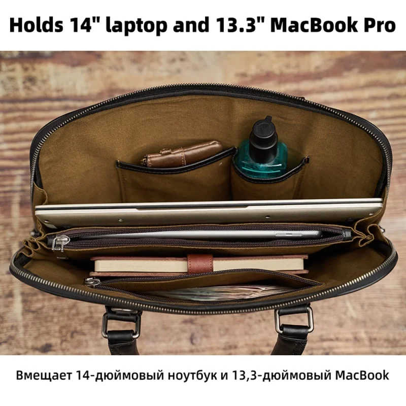 Echt leder Herren Aktentasche mit Reiß verschluss Vintage Handtasche Mann Business Schulter Umhängetasche 14 Zoll Laptop Einkaufstasche für Männer