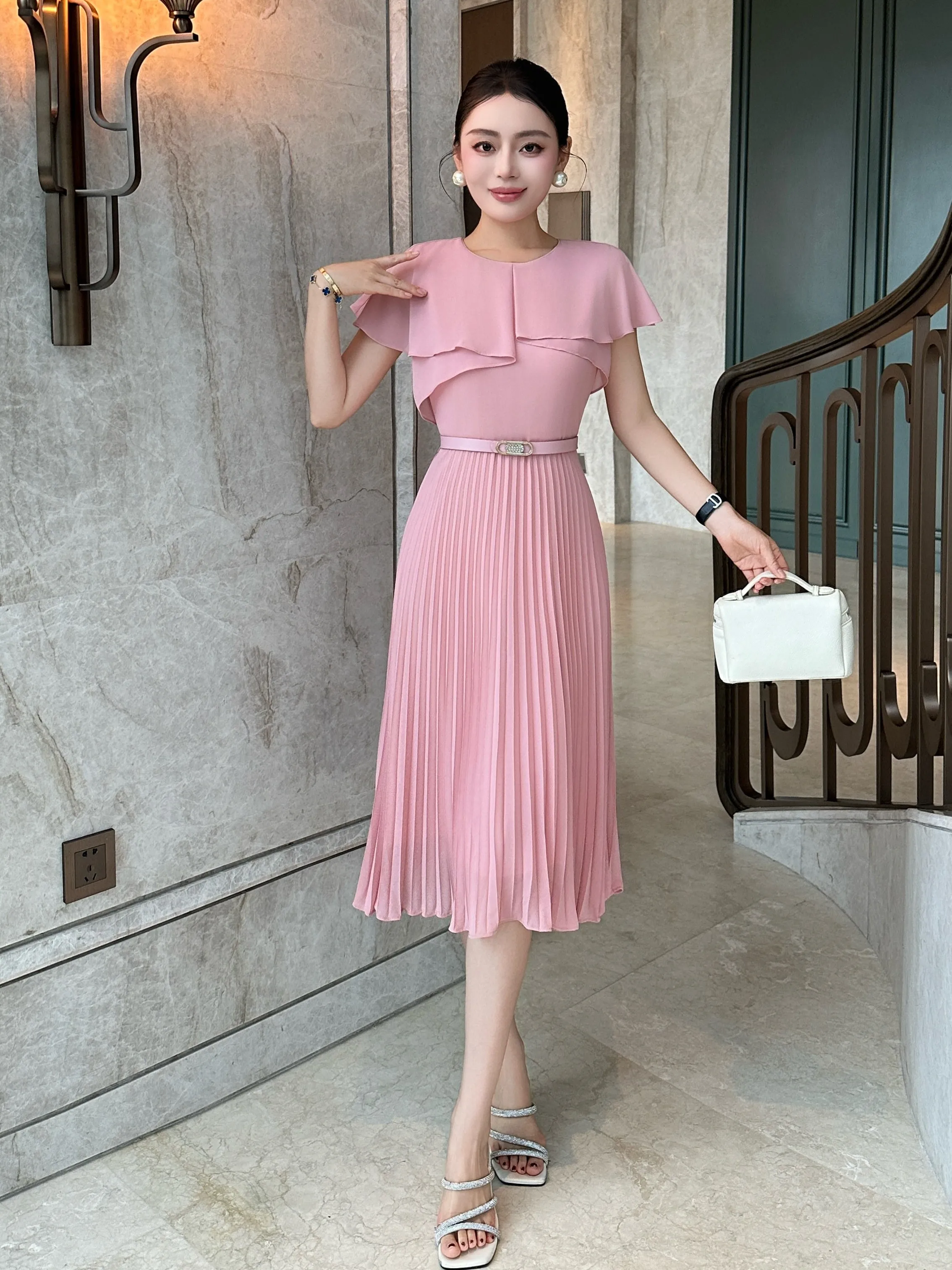 

High Quality South Oil Skirt Heavy Work Fly Sleeve Hem Leaf Pleated Summer New Fashion Women's Dress Luxury Style Short ...
