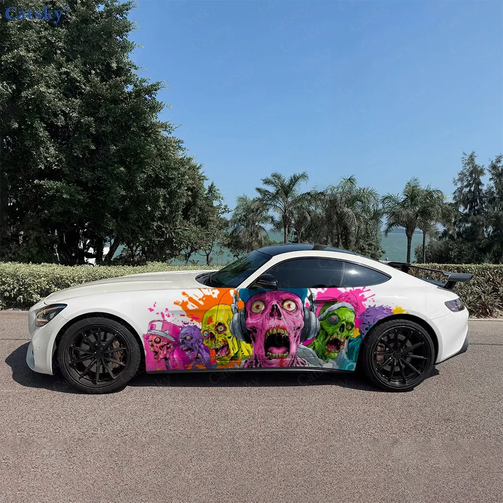 

Colorful Funny Skull Splash Car Side Wraps, Self-Adhesive PVC Waterproof & Scratch-Resistant Stickers, Car Accessory Gift