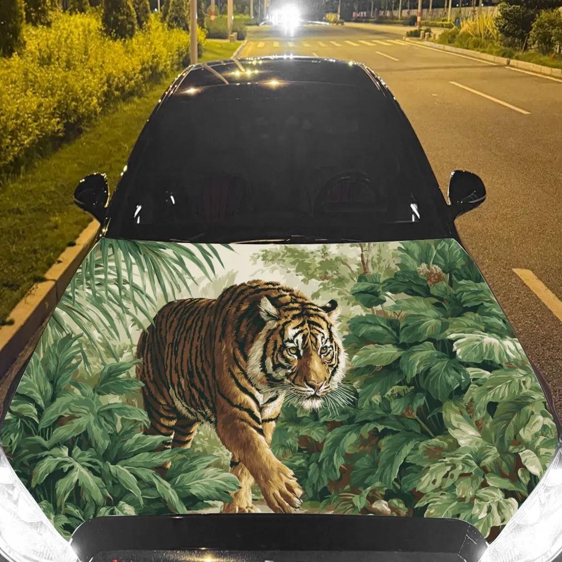 

Car Decal Tiger with Realistic Forest Artistic Background & Ferocious-Ethereal Aesthetic Car Hood Sticker, Waterproof Self - Adh
