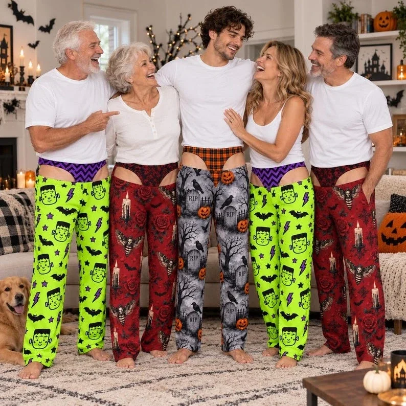 Men Women Funny Halloween Pajama Pants Frankenstein Grave Bat Print Fake Thong Cutout Wide Leg Trousers Halloween Party Prank