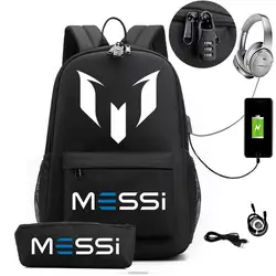 Messi-mochila informal para hombre y mujer, bolsa para ordenador portátil de 15,6 pulgadas, luz trasera antirrobo, bolsas escolares de viaje, 2 piezas