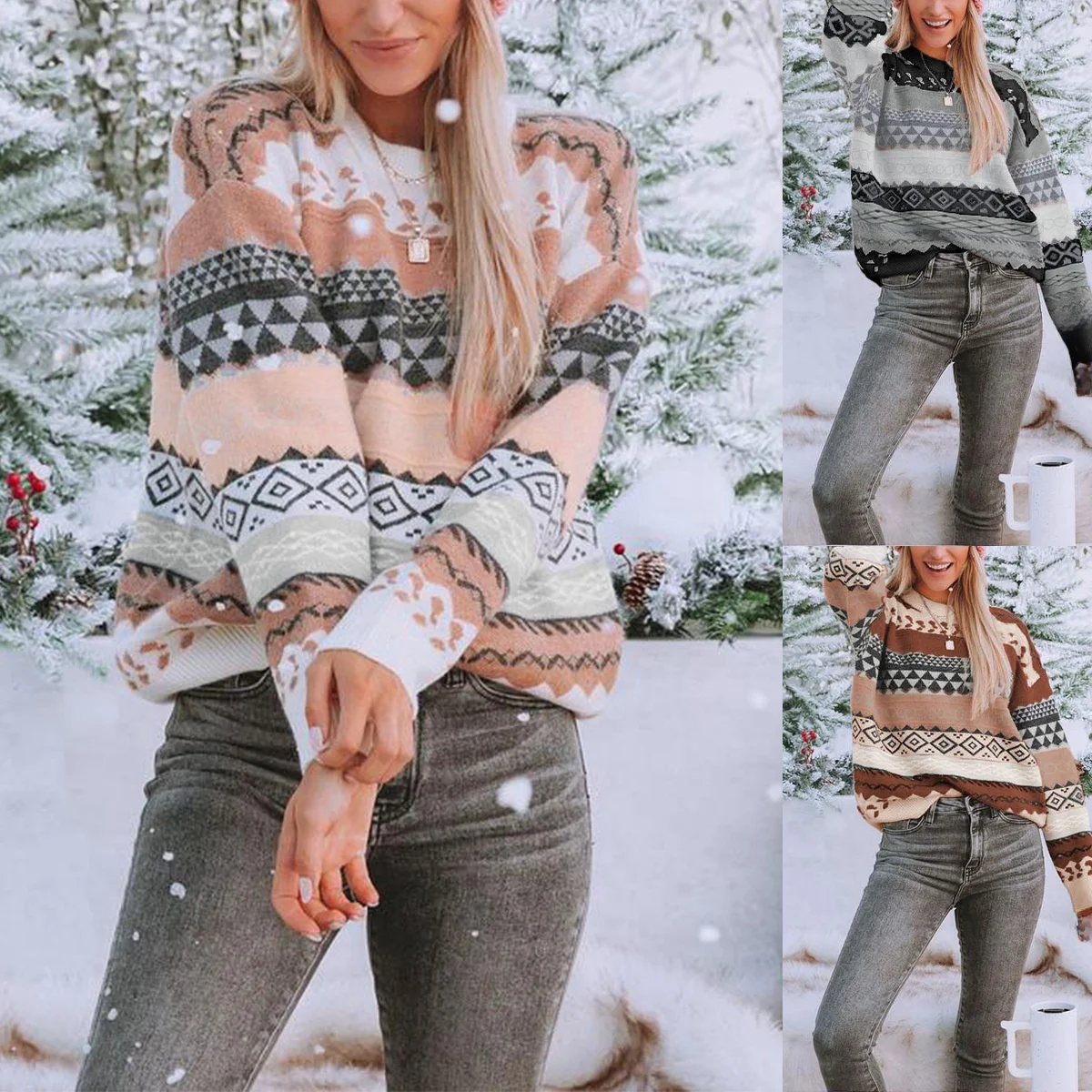 سترة نسائية محبوكة بنمط الماس كبيرة الحجم طويلة Sve مستديرة Ne بلوفر ملابس شتوية غير رسمية