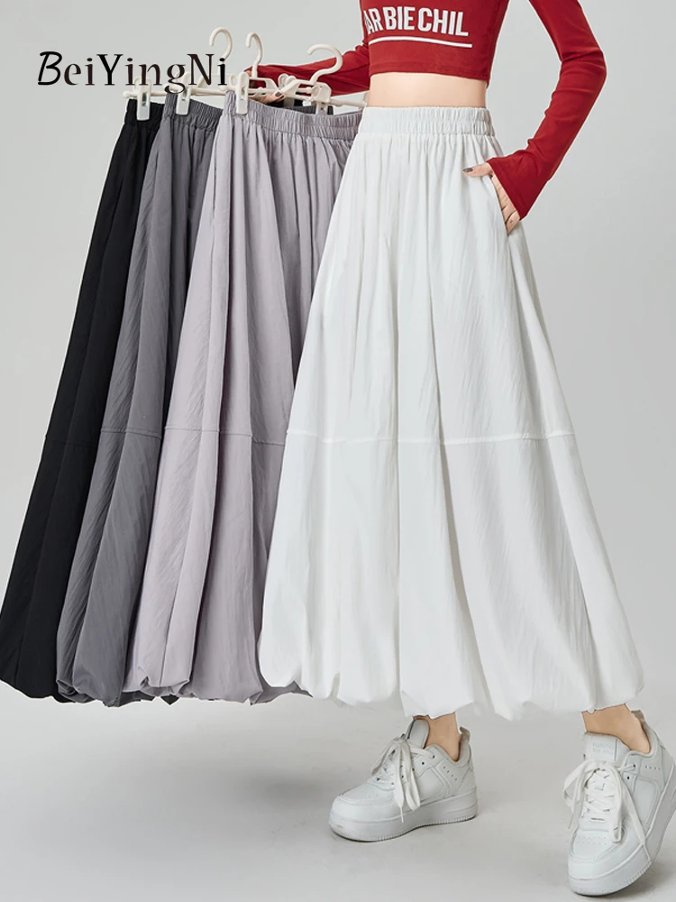 Beiyingni New Fashion Women's Bud A-line Skirts White Purple Elastic Waist Midi Long Skirt Kawaii All-match Street Jupes Faldas