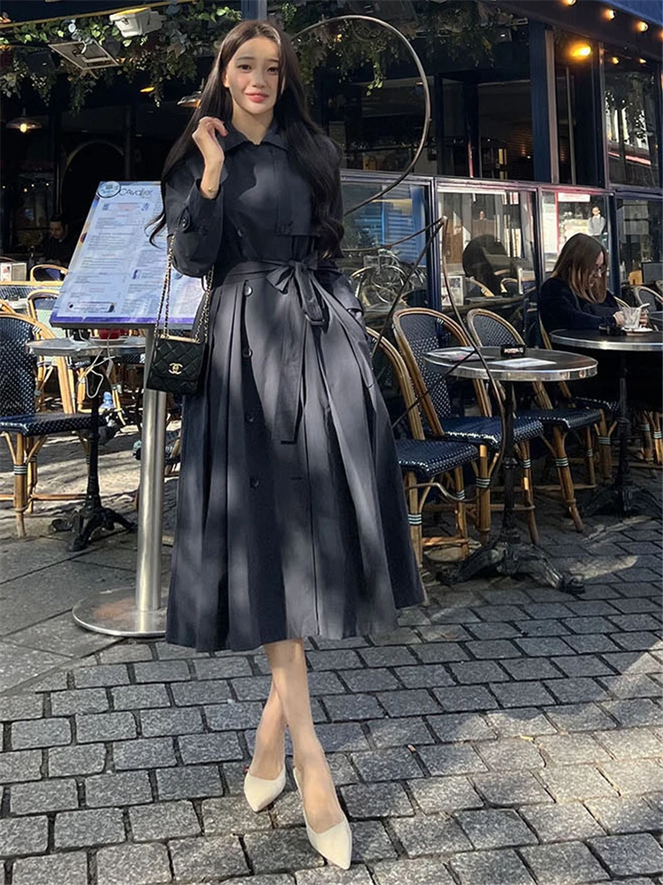 

Fall Faion Long Coat Women's Sli High Waist Coat Korean Sle Commute Polyester Fiber 70% Cotton 30% Double Layer Collar