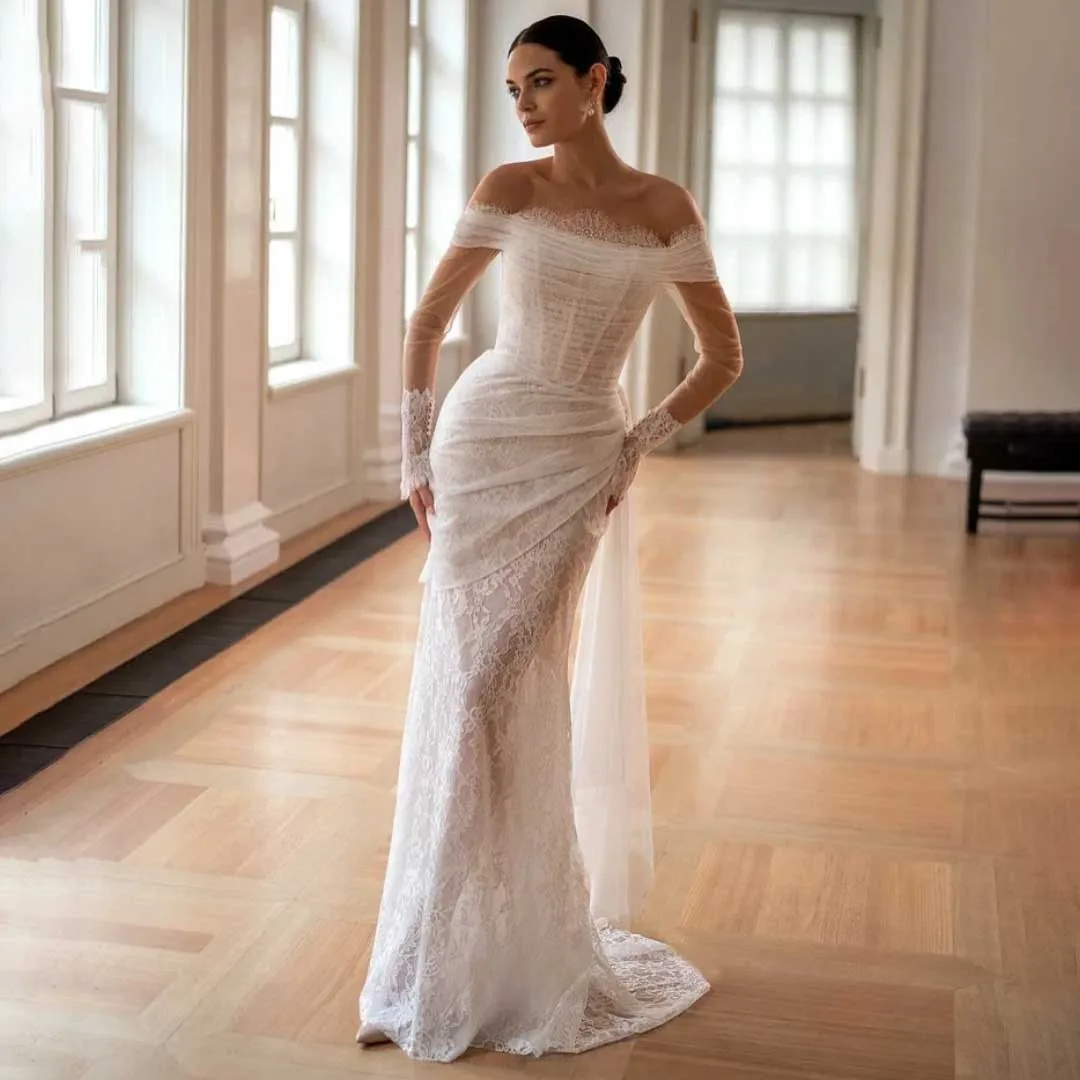 

Vintage Off the Shoulder Lace Wedding Dresses Chic Elegant Corset Pleats Long Sleeve Mermaid Anniversary Dress vestidos de novia