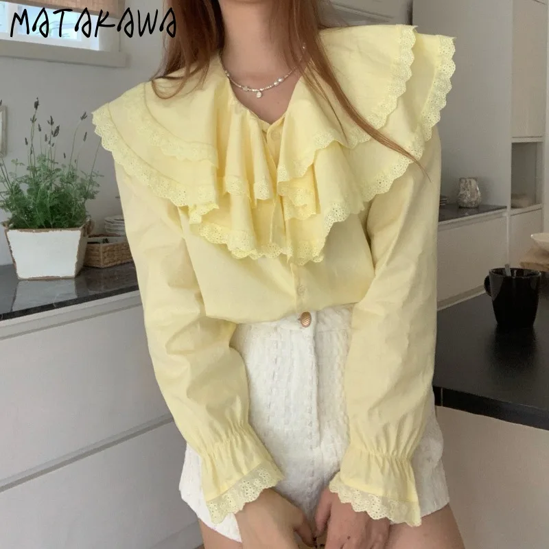 

Matakawa Ruffles Solid Women Shirts&blouses Lace Patchwork Spring Autumn Blusas Mujer Korean Fashion Sweet Vintage Camisas